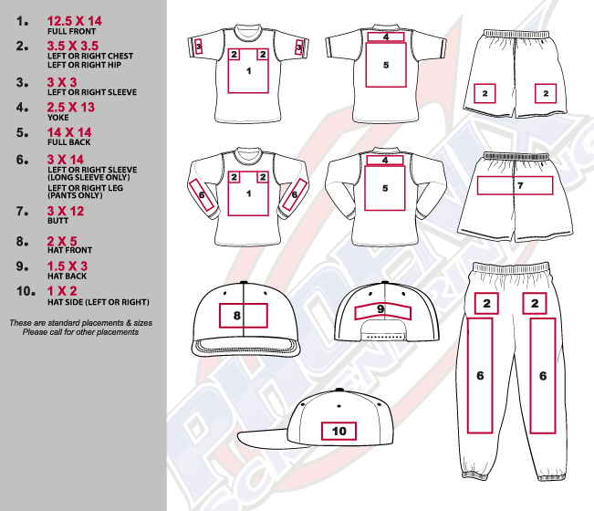 Placement Guide, showing locations on apparel that artwork can be printed or embroidered.
